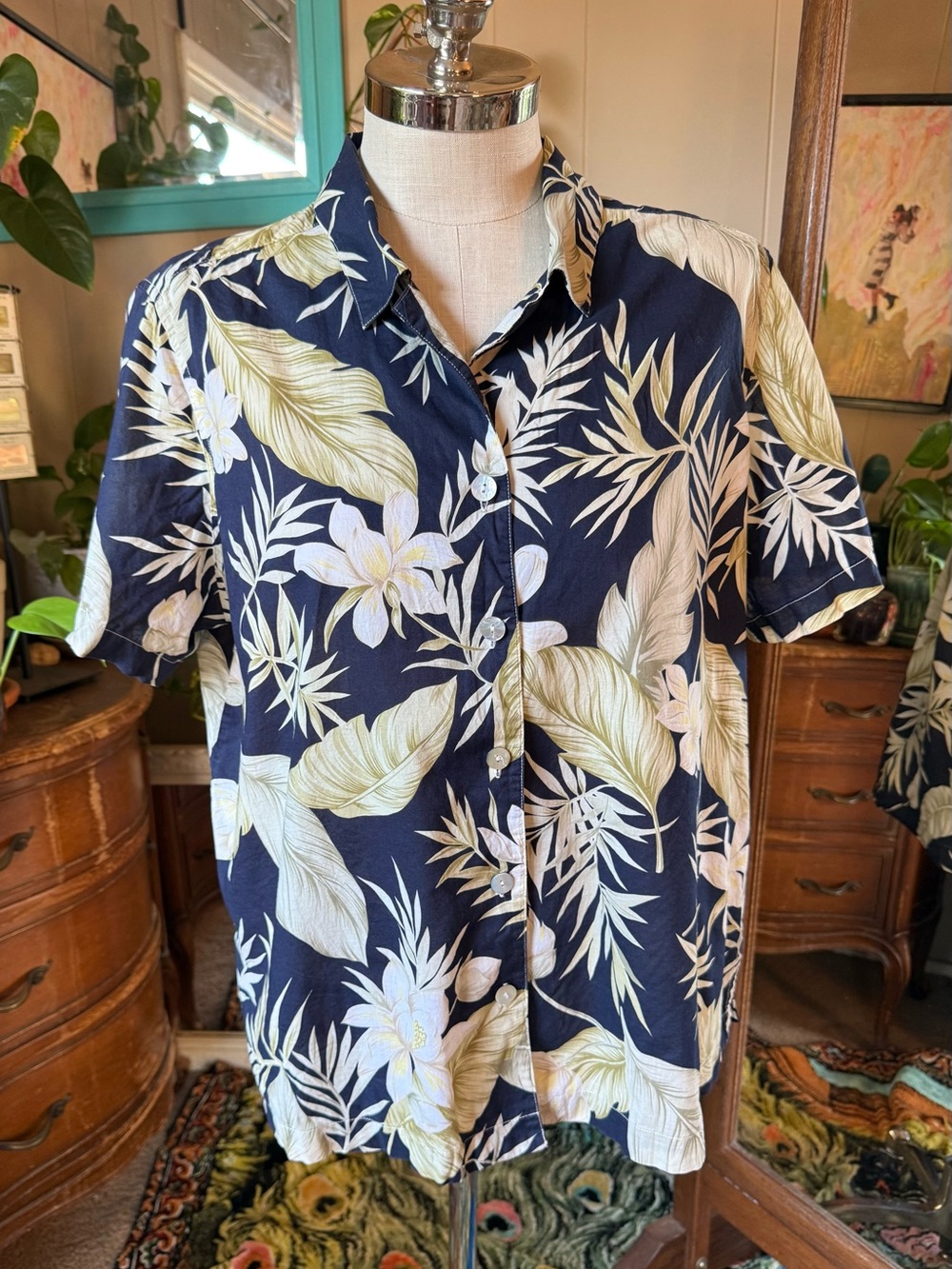 Caribbean Joe Womens Hawaiian Shirt Navy Blue Tropical Floral Short Sleeve 1X